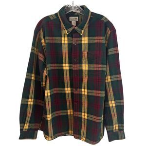 LL Bean Men Size Medium Shirt Button Down Top Red Yellow Flannel Scotch Plaid